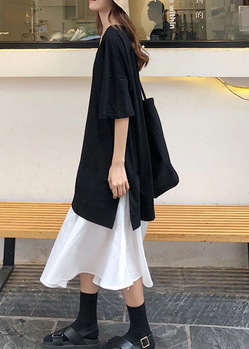 Women Black V Neck Patchwork Cotton Dress Short Sleeve - Image 4