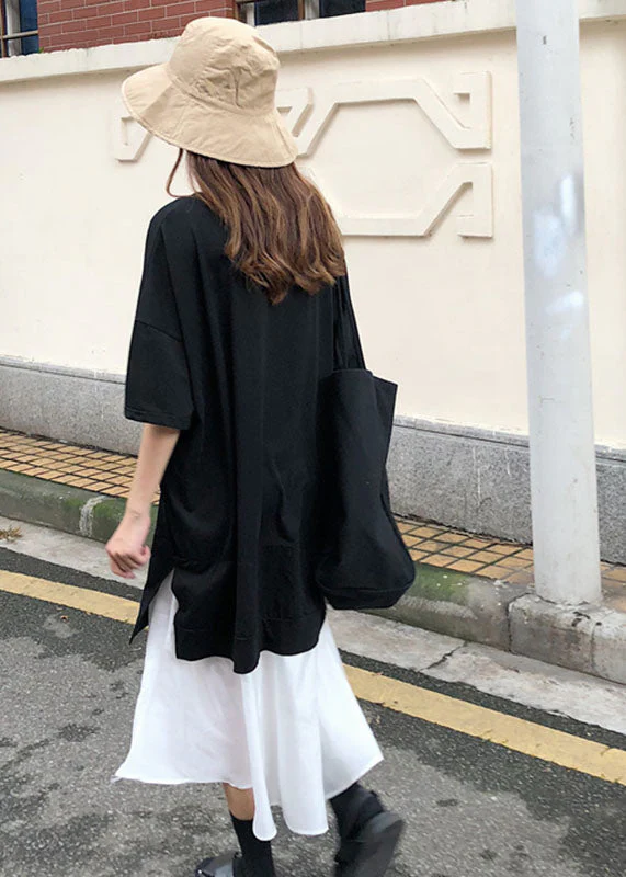 Women Black V Neck Patchwork Cotton Dress Short Sleeve - Image 5