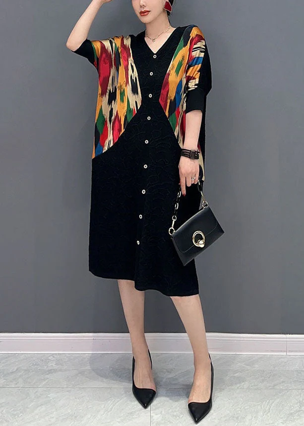 Women Black V Neck Patchwork Print Button Dress Spring - Image 2