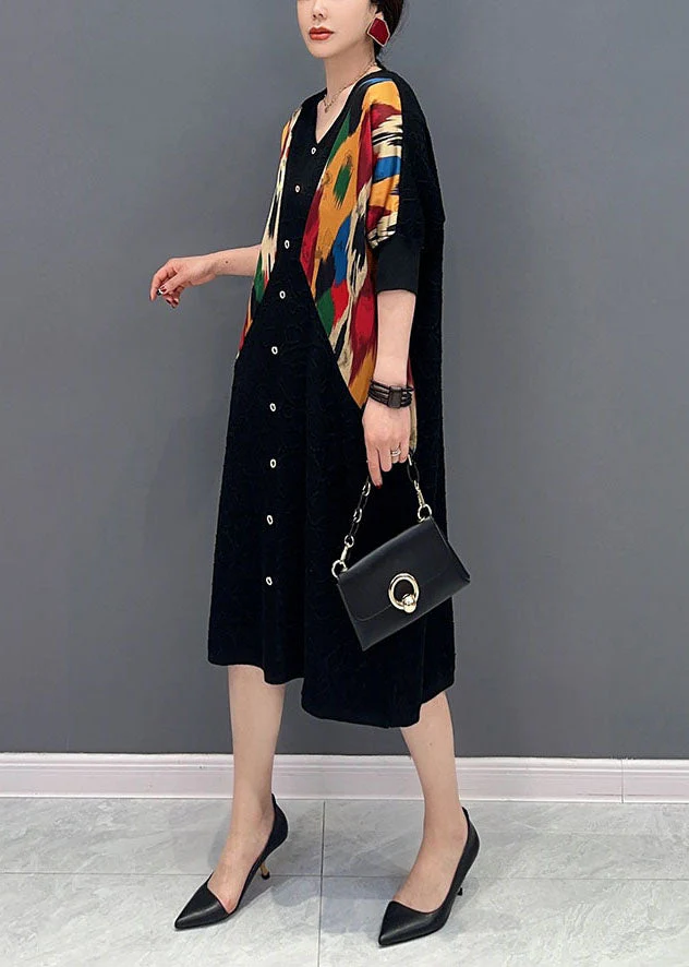 Women Black V Neck Patchwork Print Button Dress Spring - Image 3
