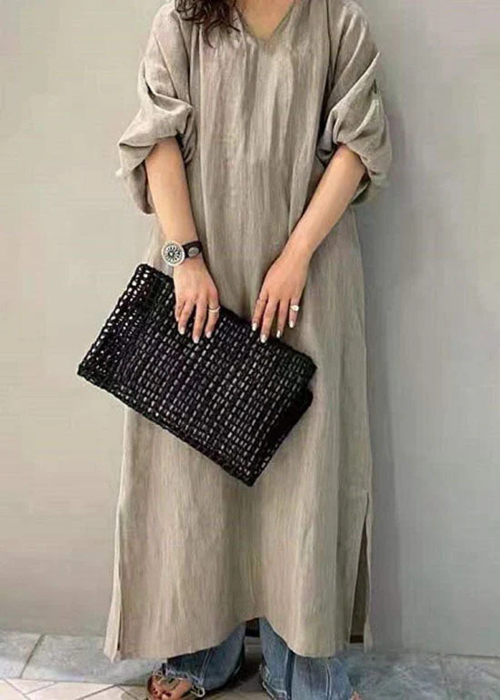 Women Black V Neck Side Open Cotton Dresses Puff Sleeve - Image 2
