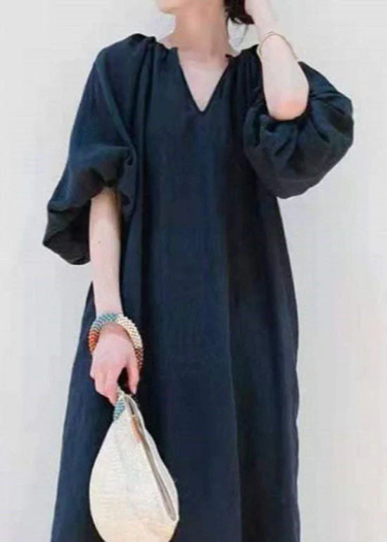 Women Black V Neck Side Open Cotton Dresses Puff Sleeve - Image 3