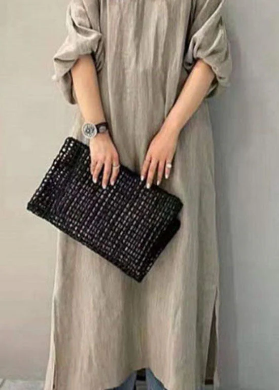 Women Black V Neck Side Open Cotton Dresses Puff Sleeve - Image 4