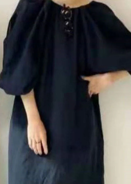 Women Black V Neck Side Open Cotton Dresses Puff Sleeve - Image 5