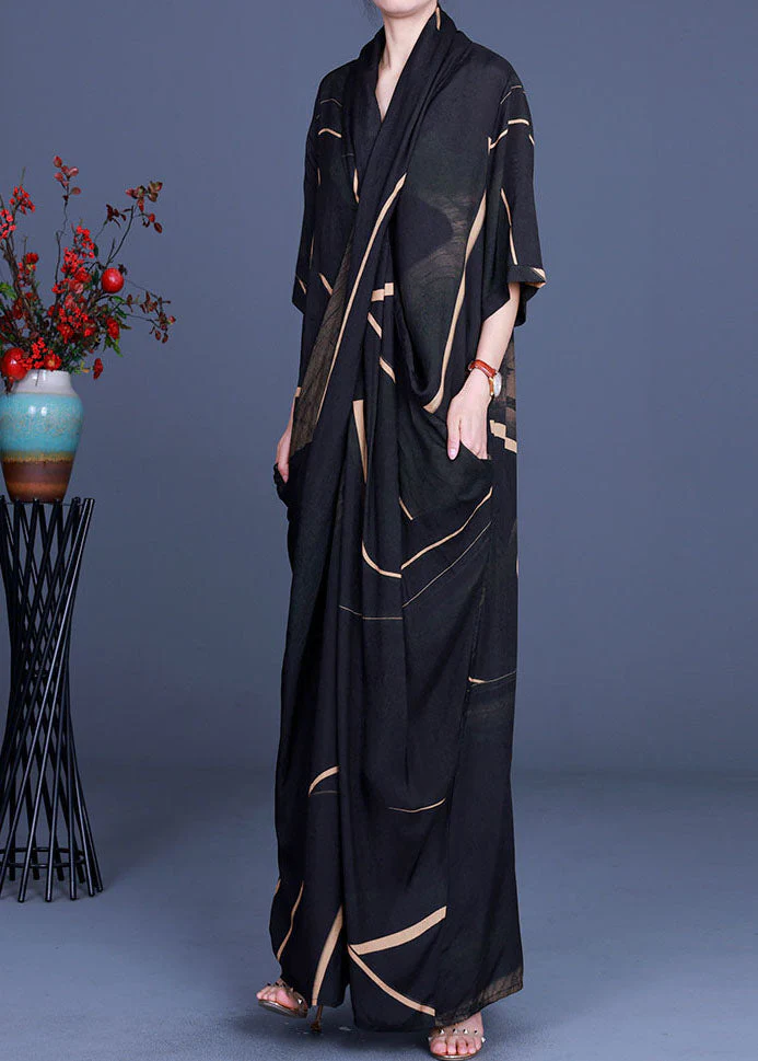 Women Black V Neck Chiffon Dress Half Sleeve - Image 2