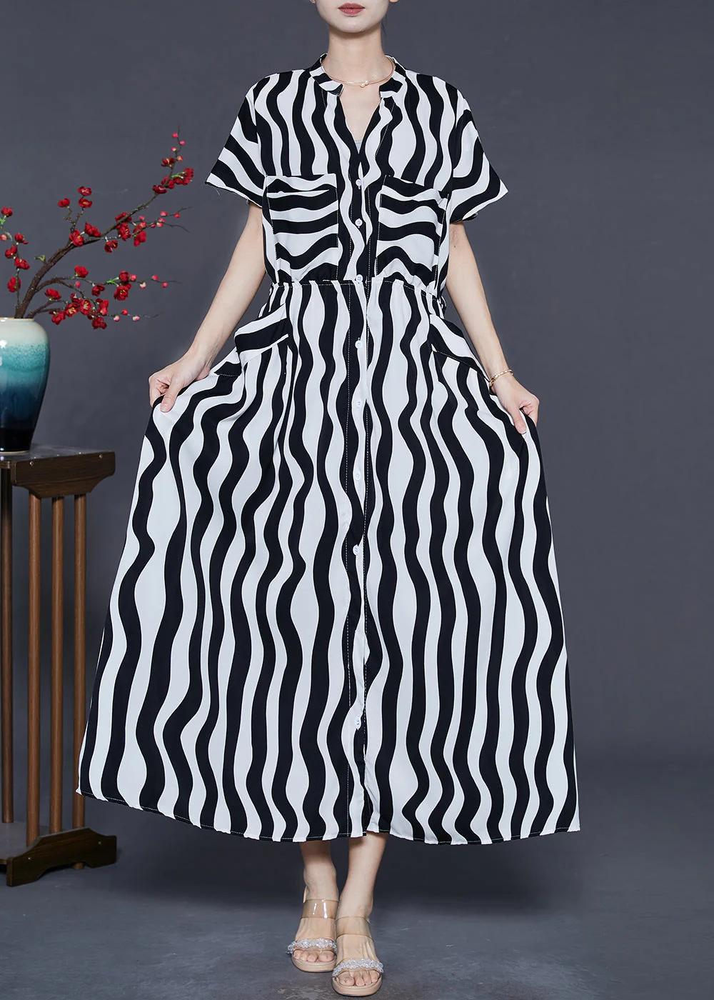 Women Black V Neck Striped Chiffon Dress Summer - Image 2