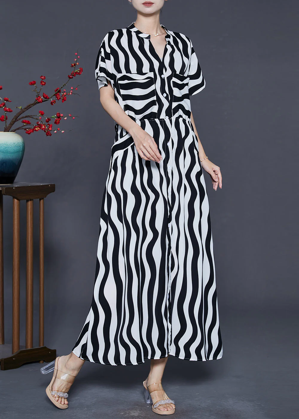 Women Black V Neck Striped Chiffon Dress Summer - Image 3