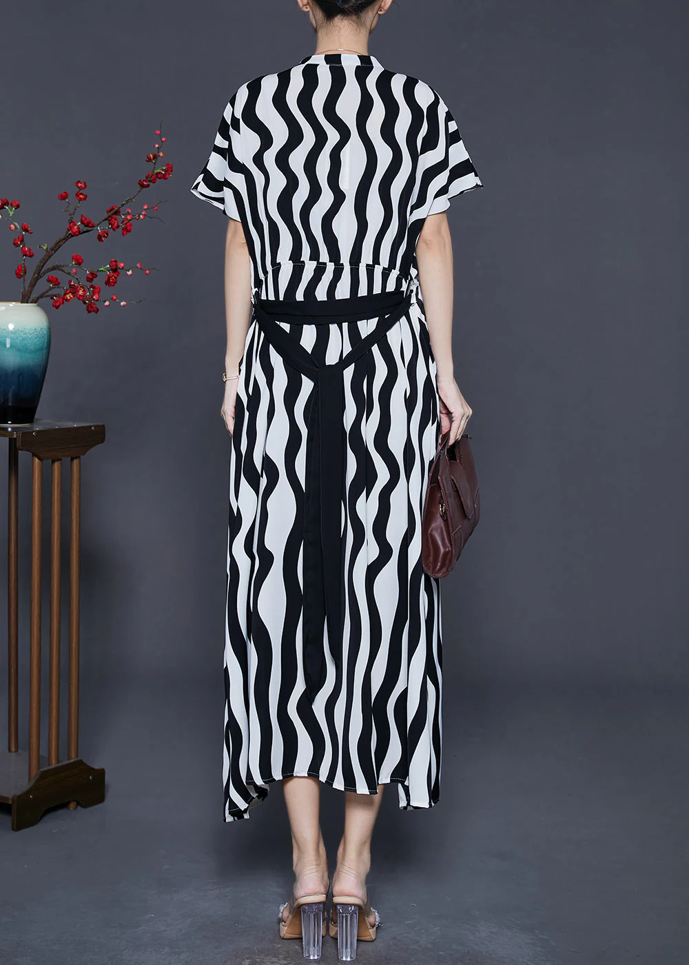 Women Black V Neck Striped Chiffon Dress Summer - Image 4