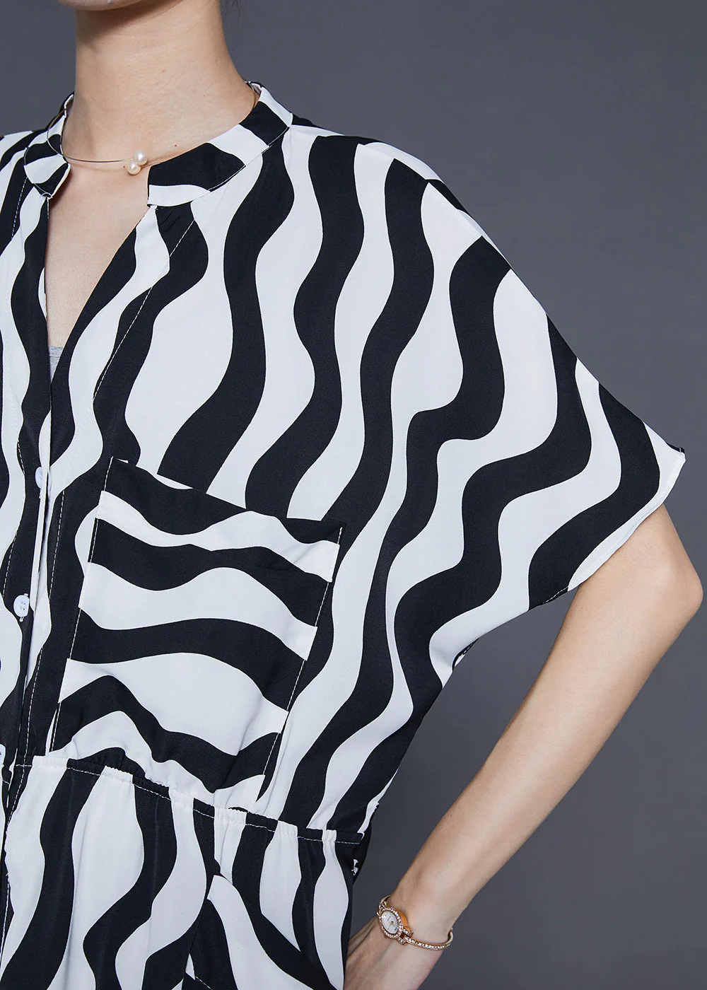Women Black V Neck Striped Chiffon Dress Summer - Image 5