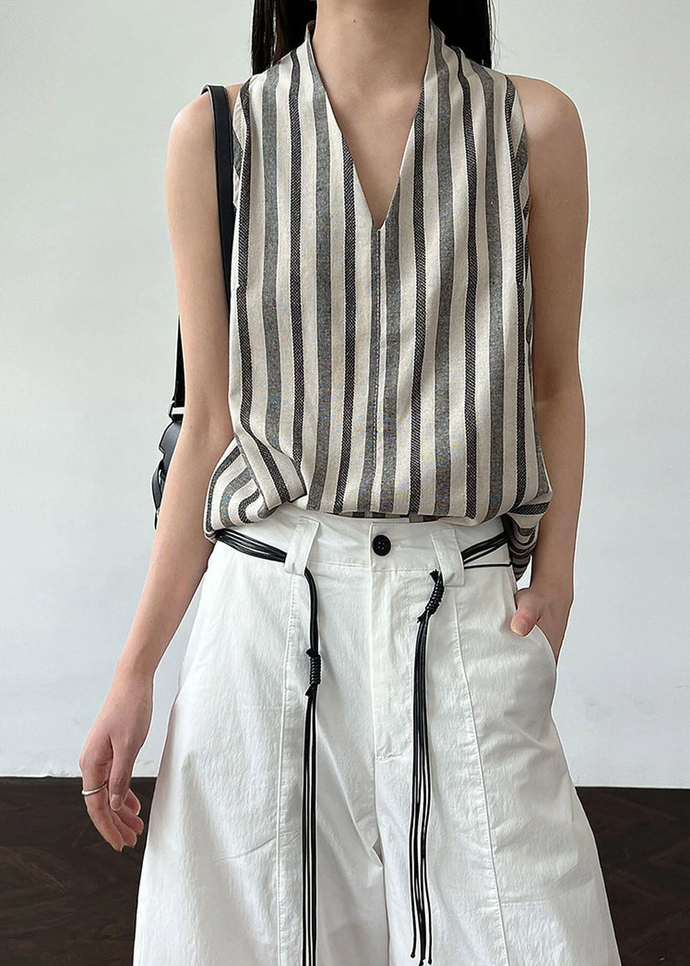 Women Black V Neck Striped Cotton Top Sleeveless - Image 2