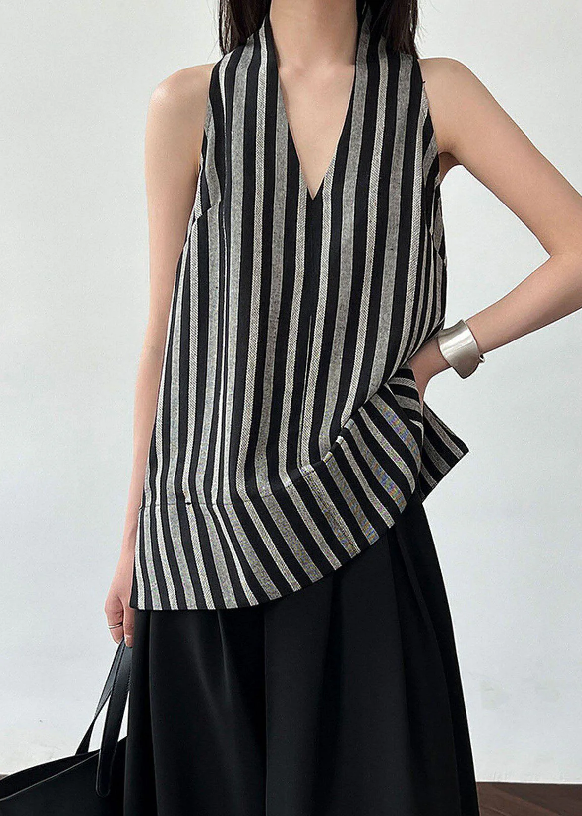 Women Black V Neck Striped Cotton Top Sleeveless - Image 3
