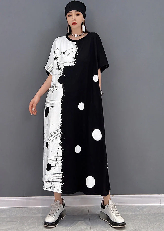 Women Black White Patchwork Dot Print Cotton Sweatshirt Long Dress Short Sleeve - Image 2