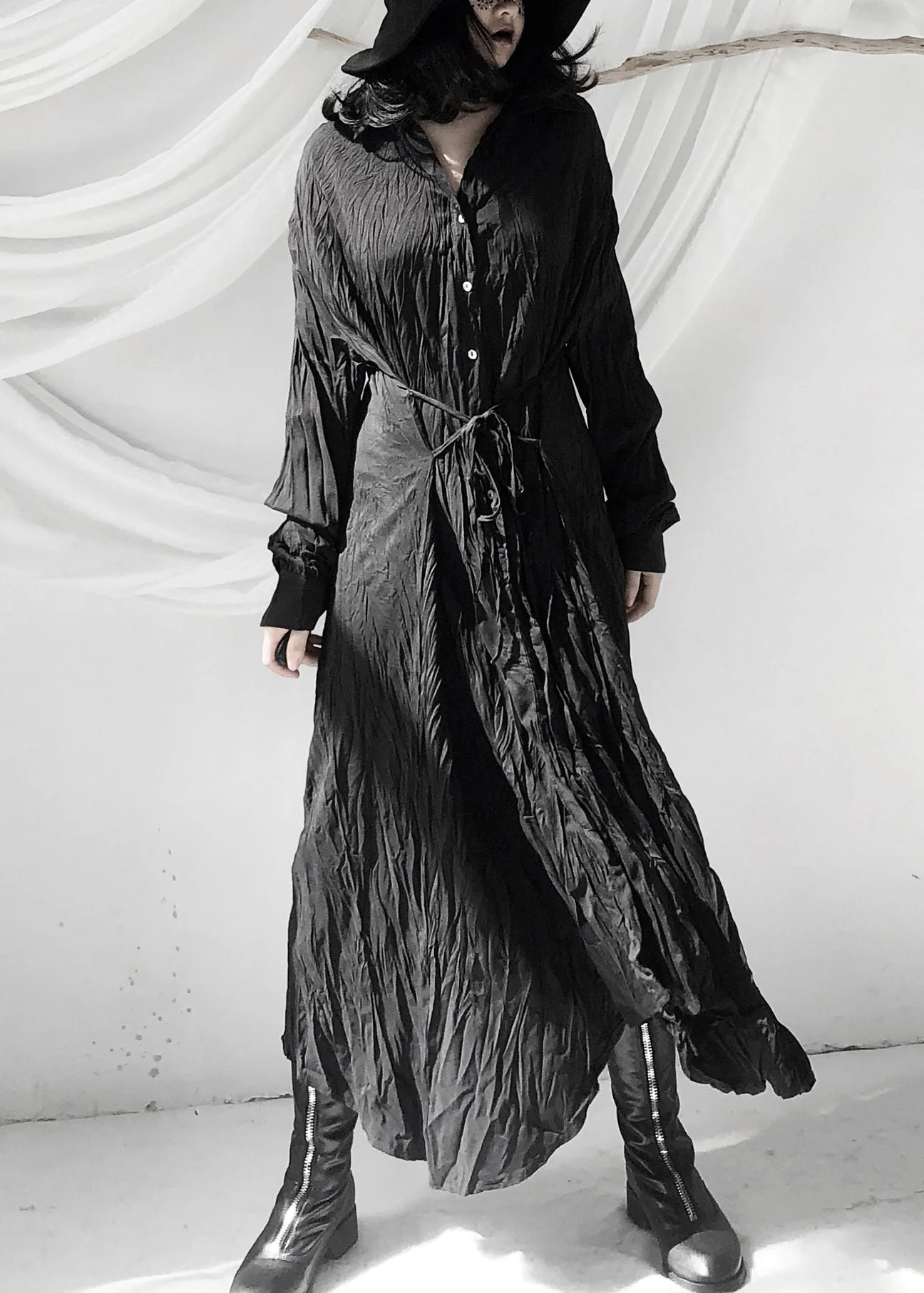 Women Black Wrinkled Button Tie Waist Maxi Shirts Dresses Fall - Image 2