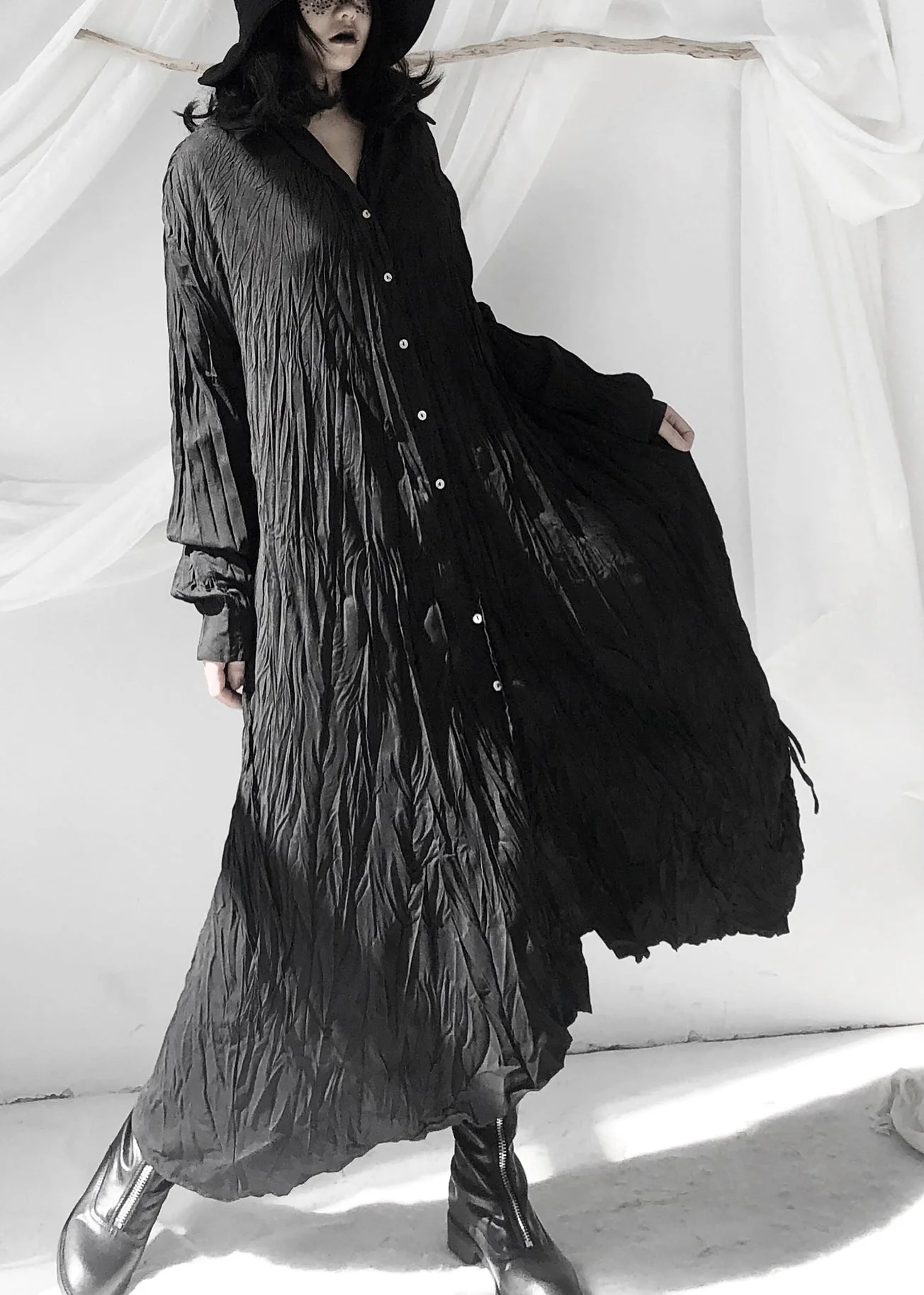 Women Black Wrinkled Button Tie Waist Maxi Shirts Dresses Fall - Image 3