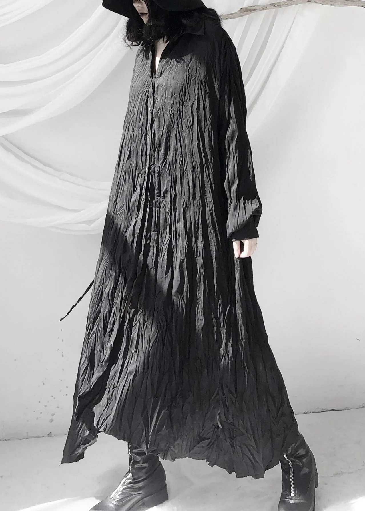 Women Black Wrinkled Button Tie Waist Maxi Shirts Dresses Fall - Image 4