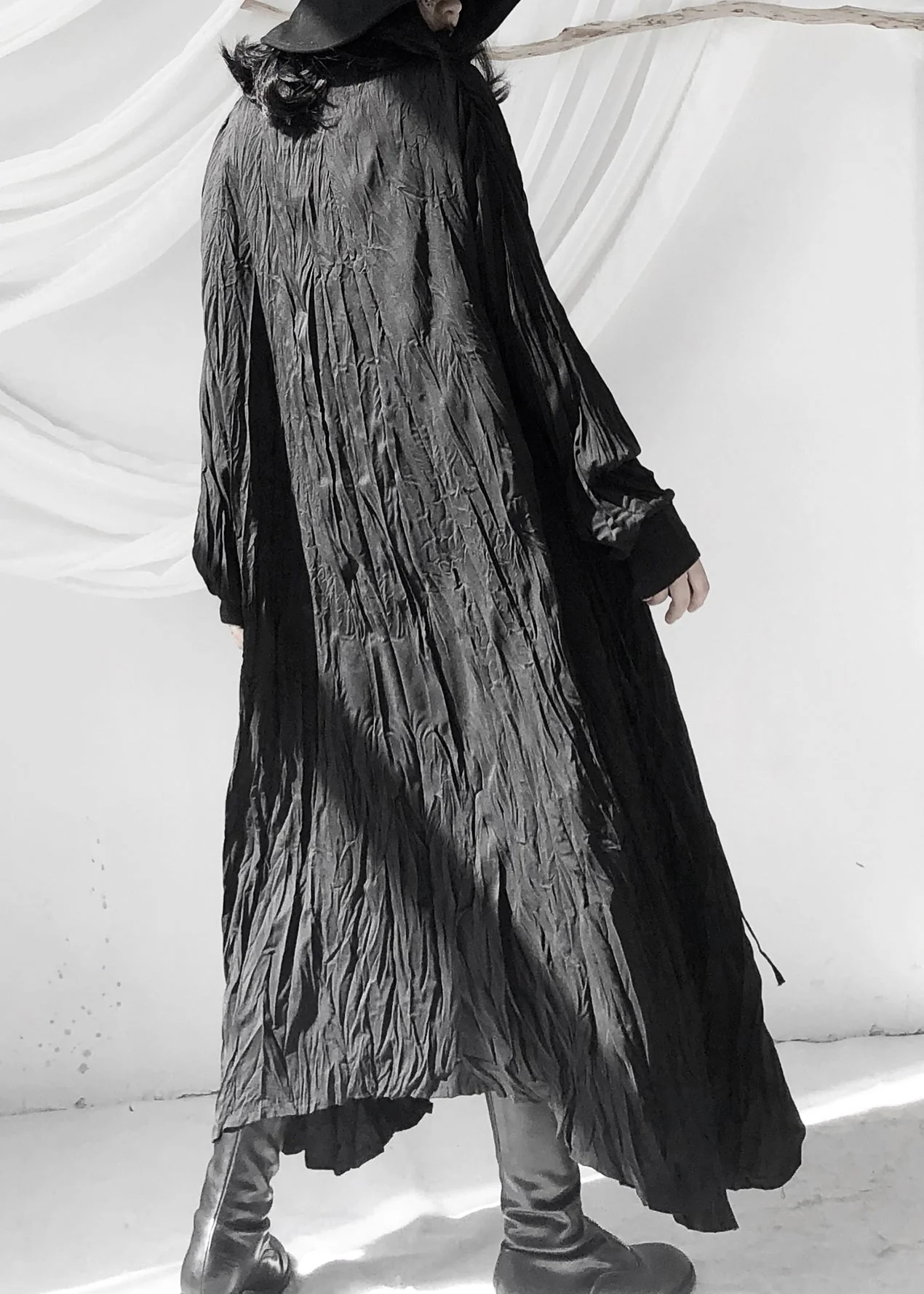 Women Black Wrinkled Button Tie Waist Maxi Shirts Dresses Fall - Image 5