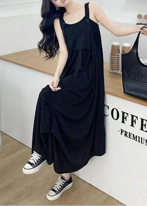 Women Black Wrinkled Cotton Cami Dresses Summer - Image 2