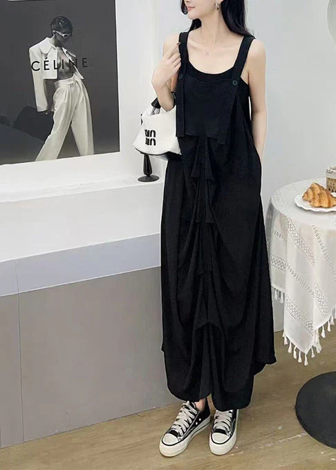 Women Black Wrinkled Cotton Cami Dresses Summer - Image 3