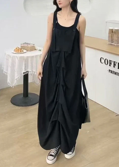 Women Black Wrinkled Cotton Cami Dresses Summer - Image 4