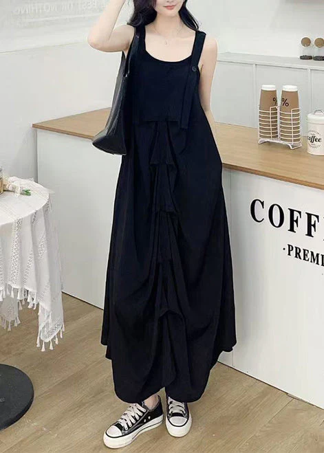 Women Black Wrinkled Cotton Cami Dresses Summer - Image 5
