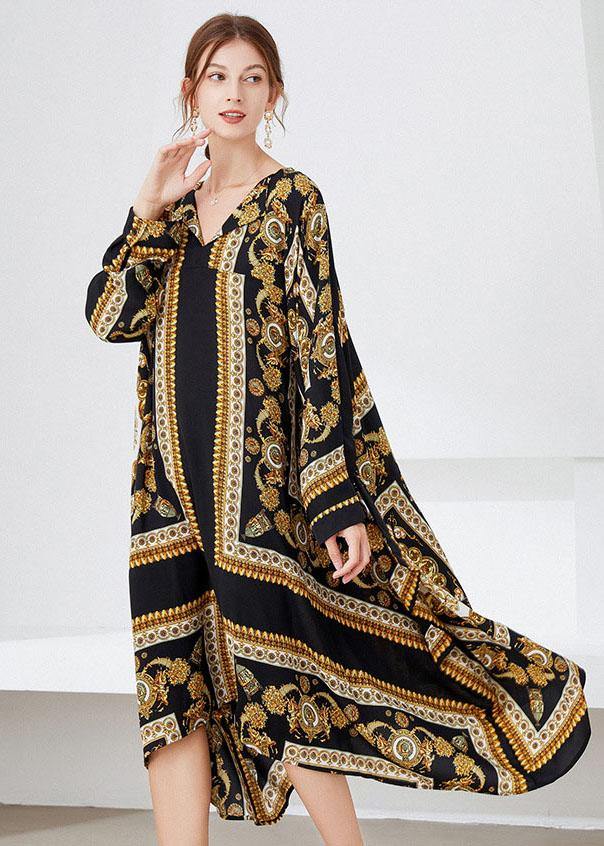 Women Black Yellow Print Loose Asymmetrical Design Fall Holiday Dress Long Sleeve