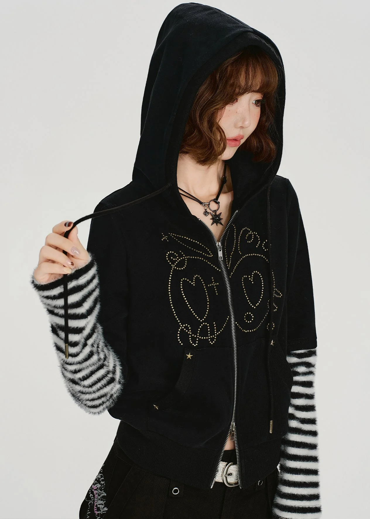 Women Black Zip Up Patchwork Cotton Hooded Coat Spring - Image 2