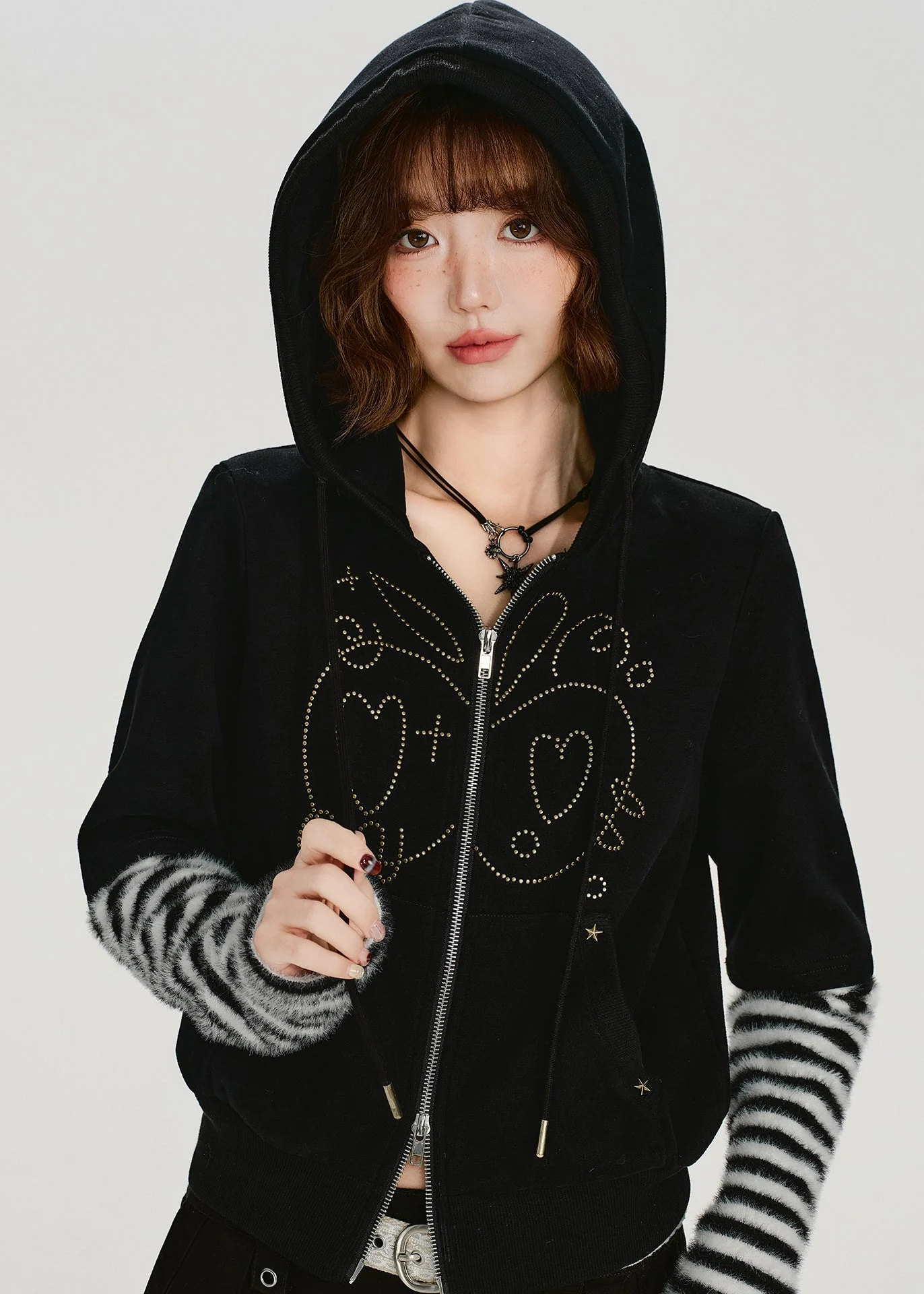 Women Black Zip Up Patchwork Cotton Hooded Coat Spring - Image 3