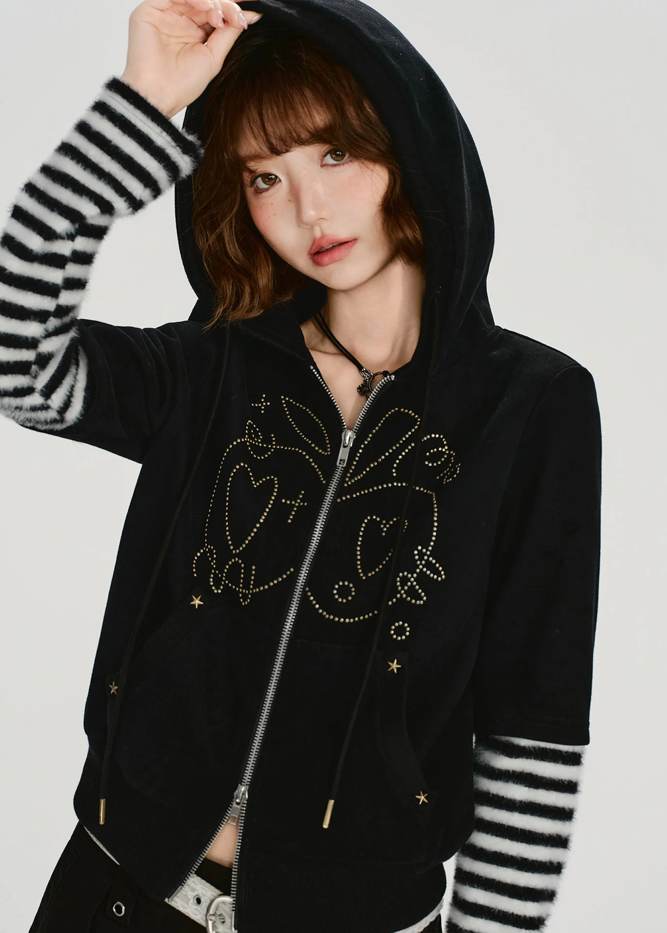 Women Black Zip Up Patchwork Cotton Hooded Coat Spring - Image 4