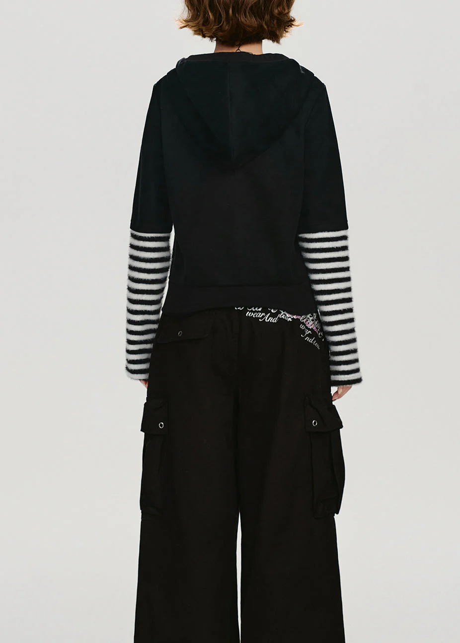 Women Black Zip Up Patchwork Cotton Hooded Coat Spring - Image 5