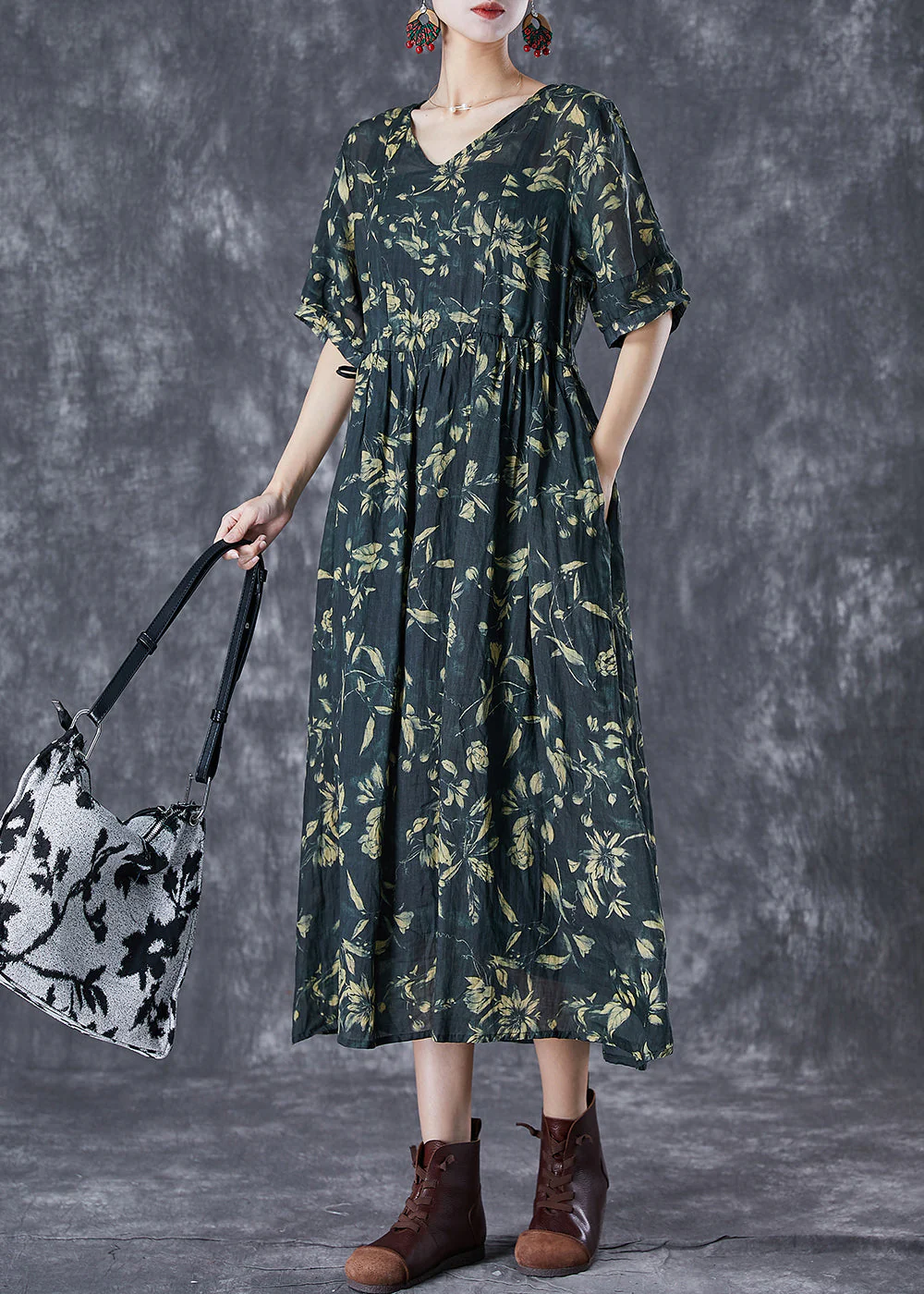 Women Blackish Green Cinched Print Linen Maxi Dress Summer - Image 2