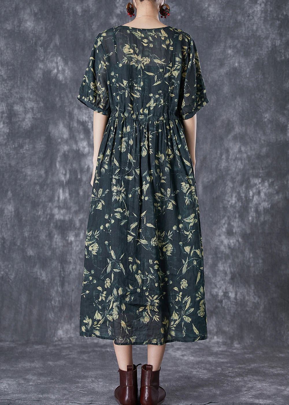 Women Blackish Green Cinched Print Linen Maxi Dress Summer - Image 4