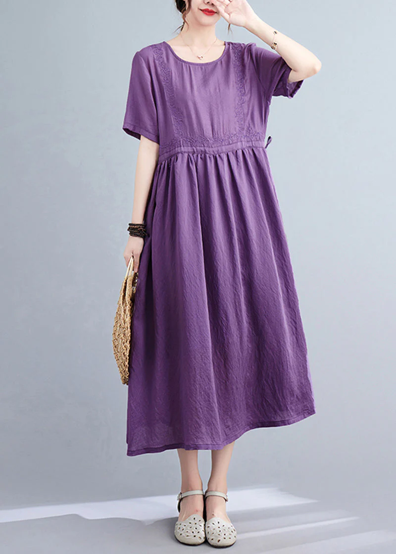 Women Blackish Green Embroideried Cinched Linen Silk Dress Summer - Image 2