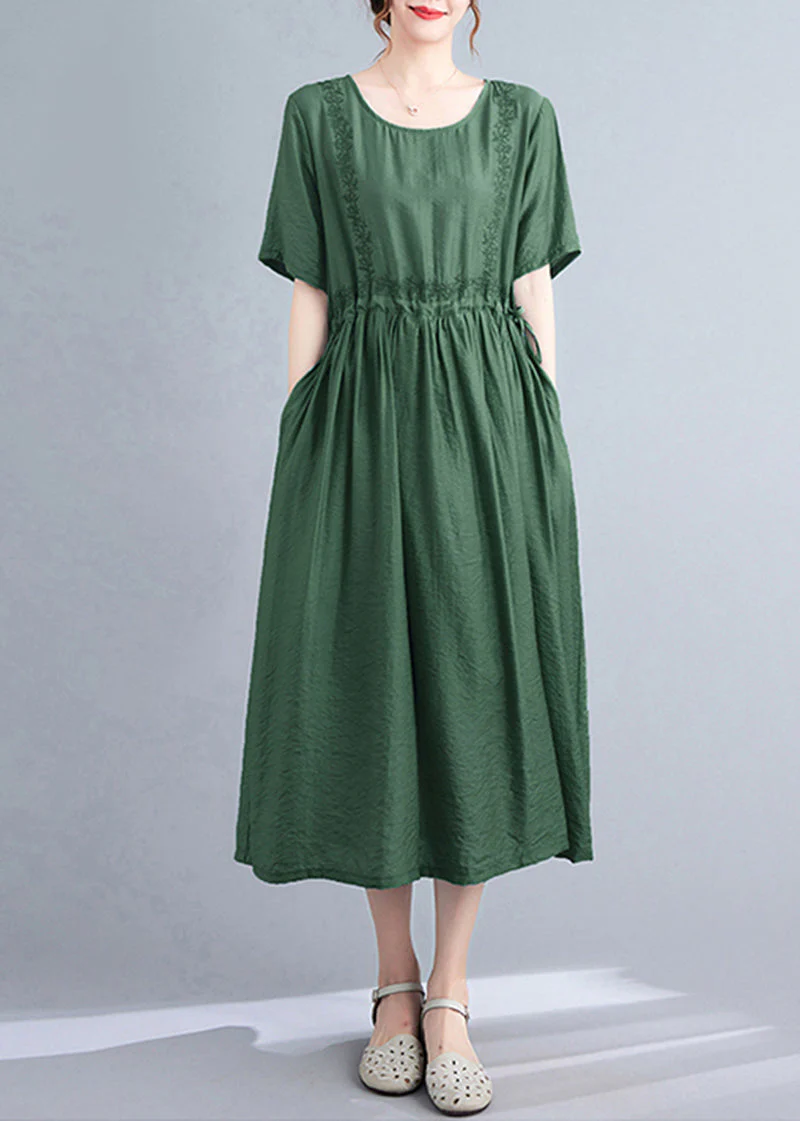 Women Blackish Green Embroideried Cinched Linen Silk Dress Summer - Image 3