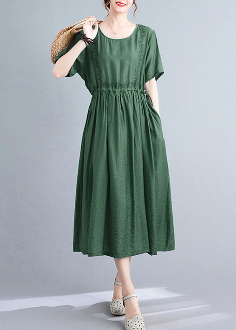 Women Blackish Green Embroideried Cinched Linen Silk Dress Summer - Image 4