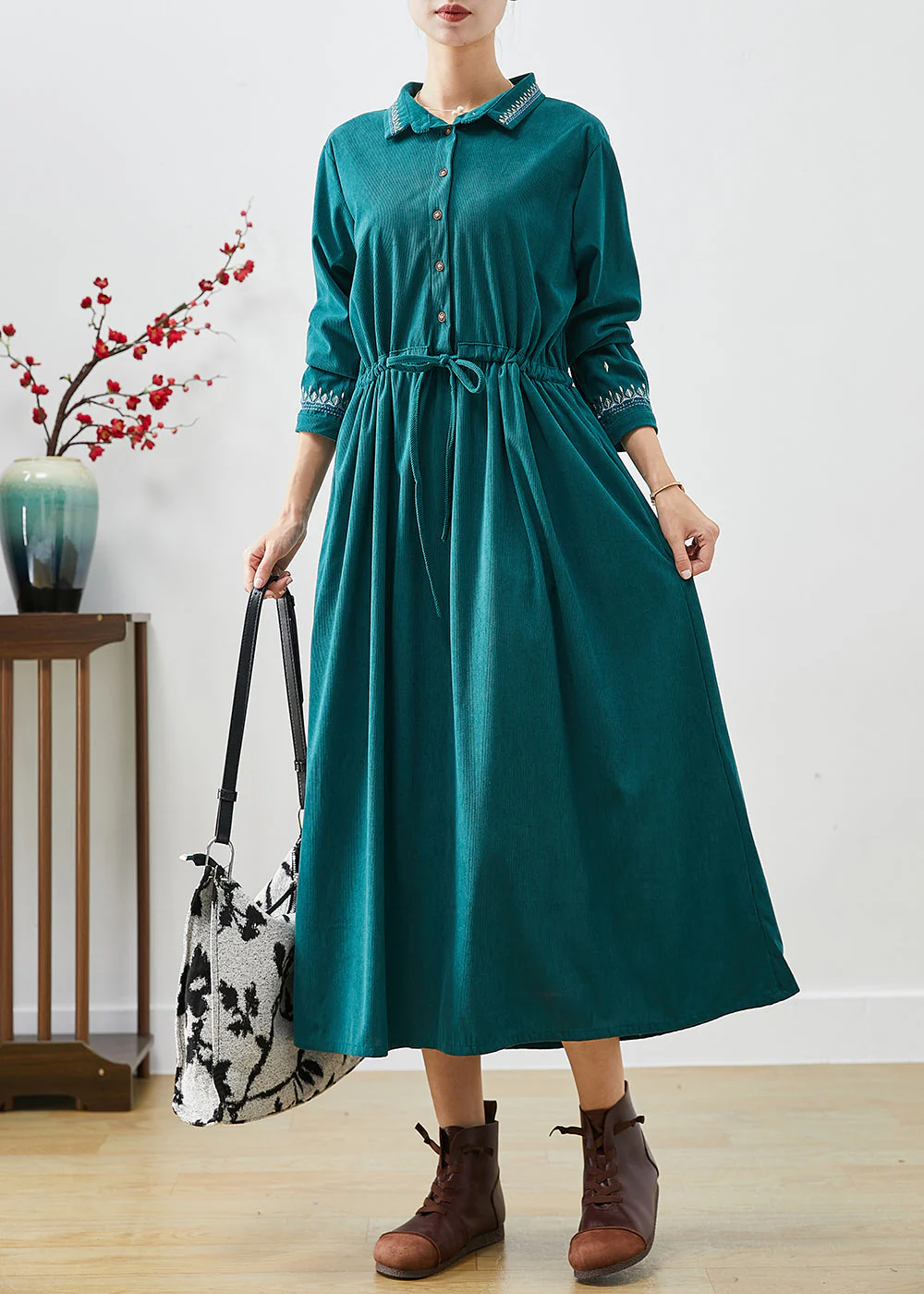 Women Blackish Green Embroideried Corduroy Cinched Dresses Fall - Image 2
