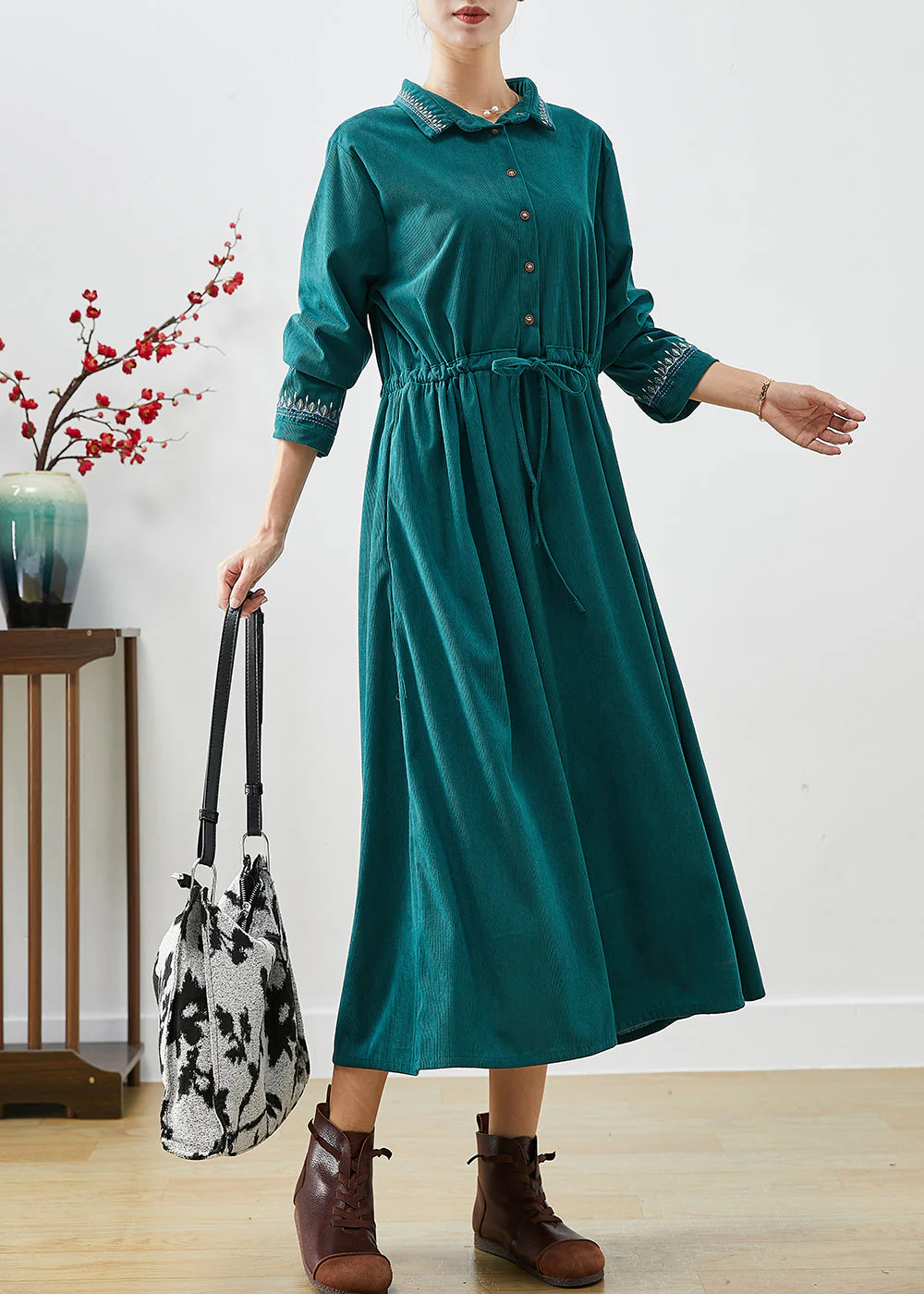 Women Blackish Green Embroideried Corduroy Cinched Dresses Fall - Image 3