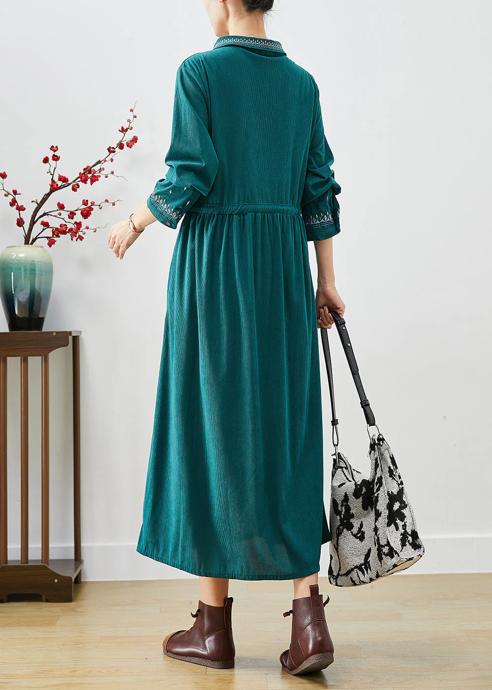 Women Blackish Green Embroideried Corduroy Cinched Dresses Fall - Image 4