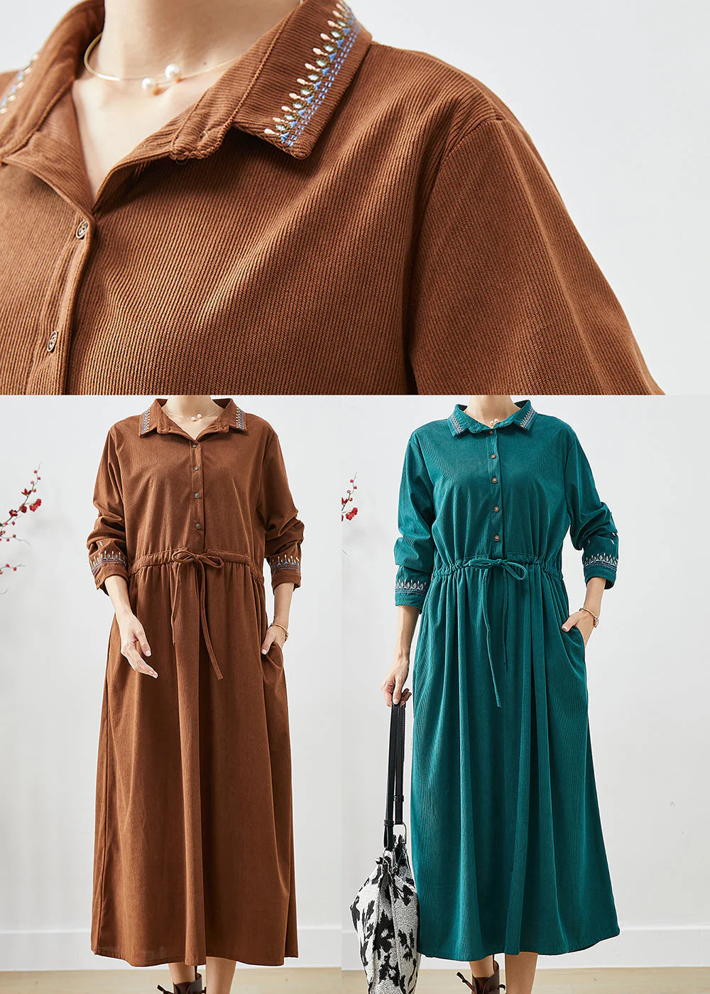 Women Blackish Green Embroideried Corduroy Cinched Dresses Fall - Image 5
