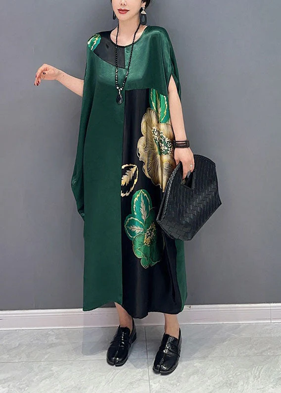 Women Blackish Green Oversized Patchwork Print Silk Dress Batwing Sleeve - Image 2
