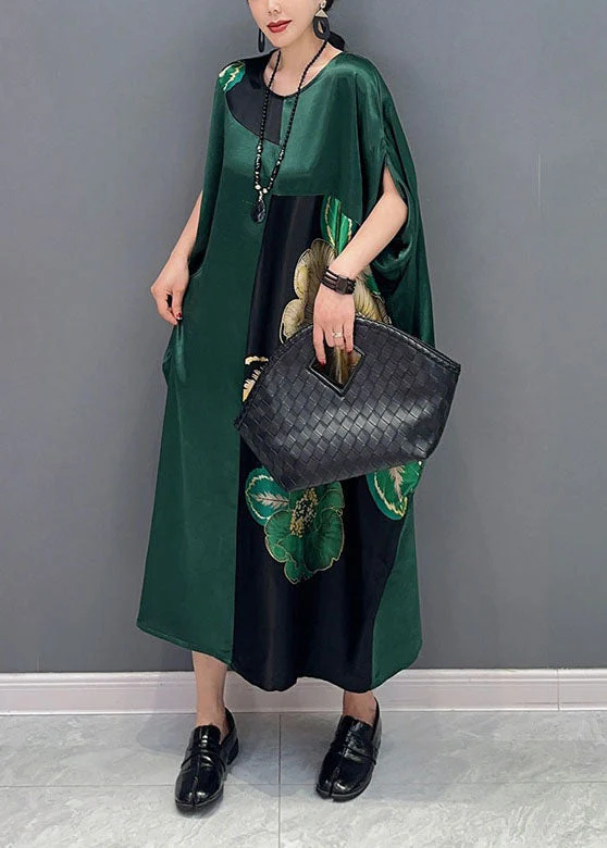 Women Blackish Green Oversized Patchwork Print Silk Dress Batwing Sleeve - Image 3