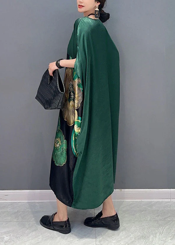 Women Blackish Green Oversized Patchwork Print Silk Dress Batwing Sleeve - Image 4