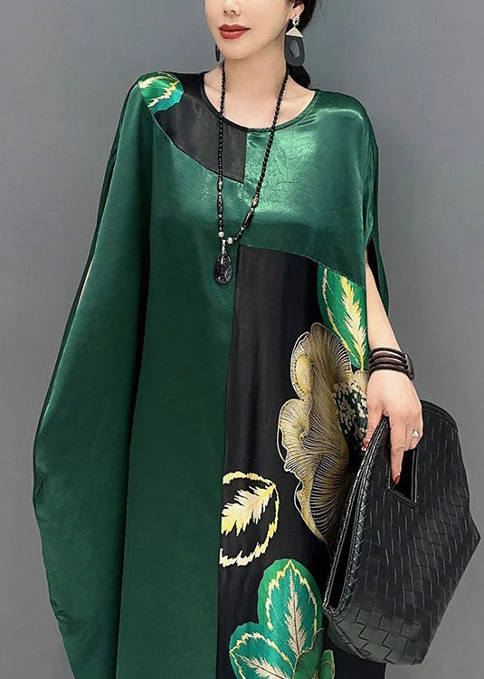 Women Blackish Green Oversized Patchwork Print Silk Dress Batwing Sleeve - Image 5
