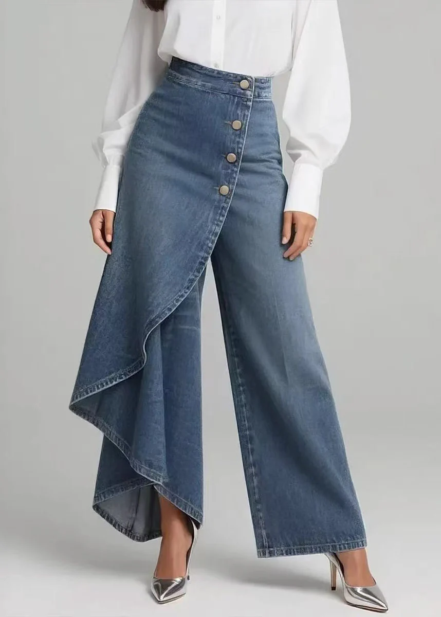 Women Blue Asymmetrical Patchwork Denim Pants Spring