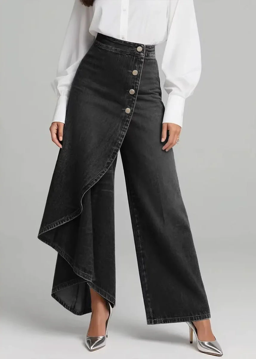 Women Blue Asymmetrical Patchwork Denim Pants Spring - Image 2