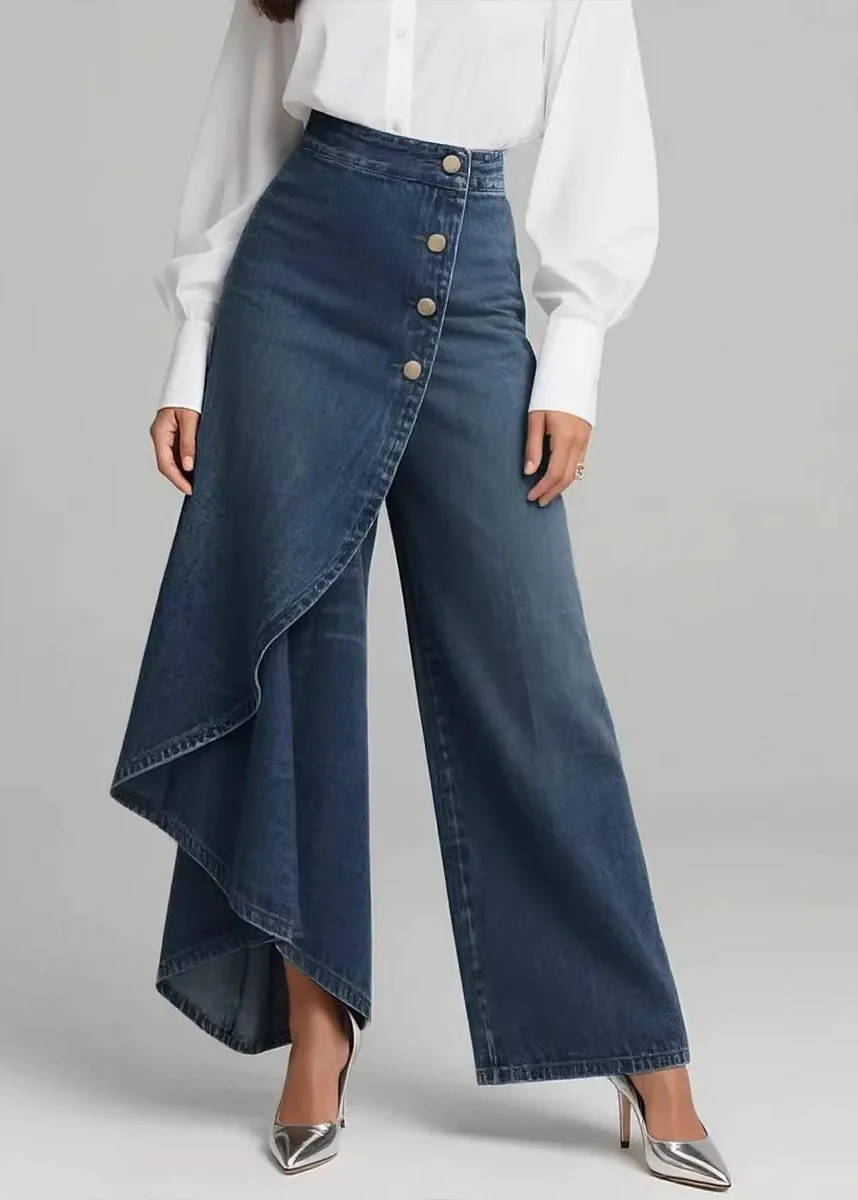 Women Blue Asymmetrical Patchwork Denim Pants Spring - Image 4