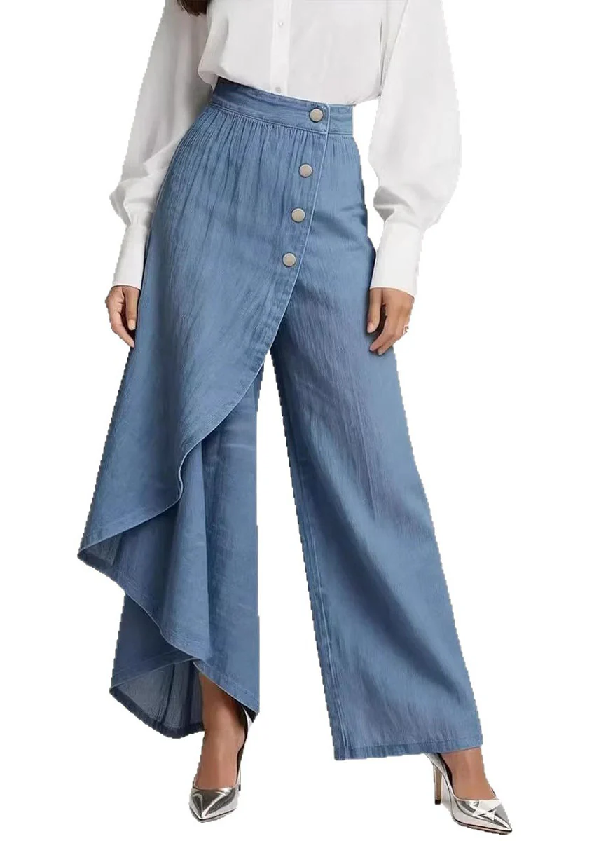 Women Blue Asymmetrical Patchwork Denim Pants Spring - Image 5