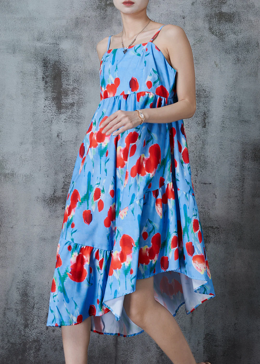 Women Blue Asymmetrical Print Cotton Summer Dress - Image 2
