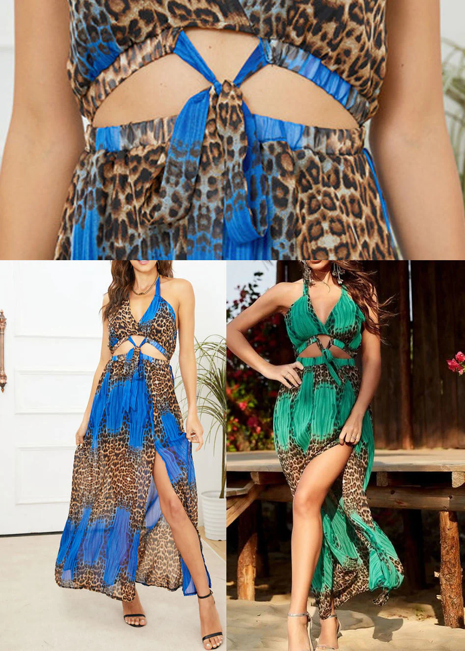 Women Blue Backless Leopard Print Chiffon Sexy Long Dresses Vestidos Summer - Image 5