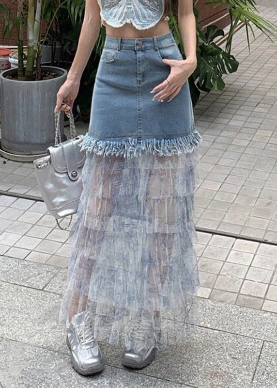 Women Blue Denim Patchwork Tulle Maxi Cake Skirts Summer - Image 3