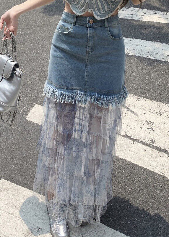 Women Blue Denim Patchwork Tulle Maxi Cake Skirts Summer - Image 4